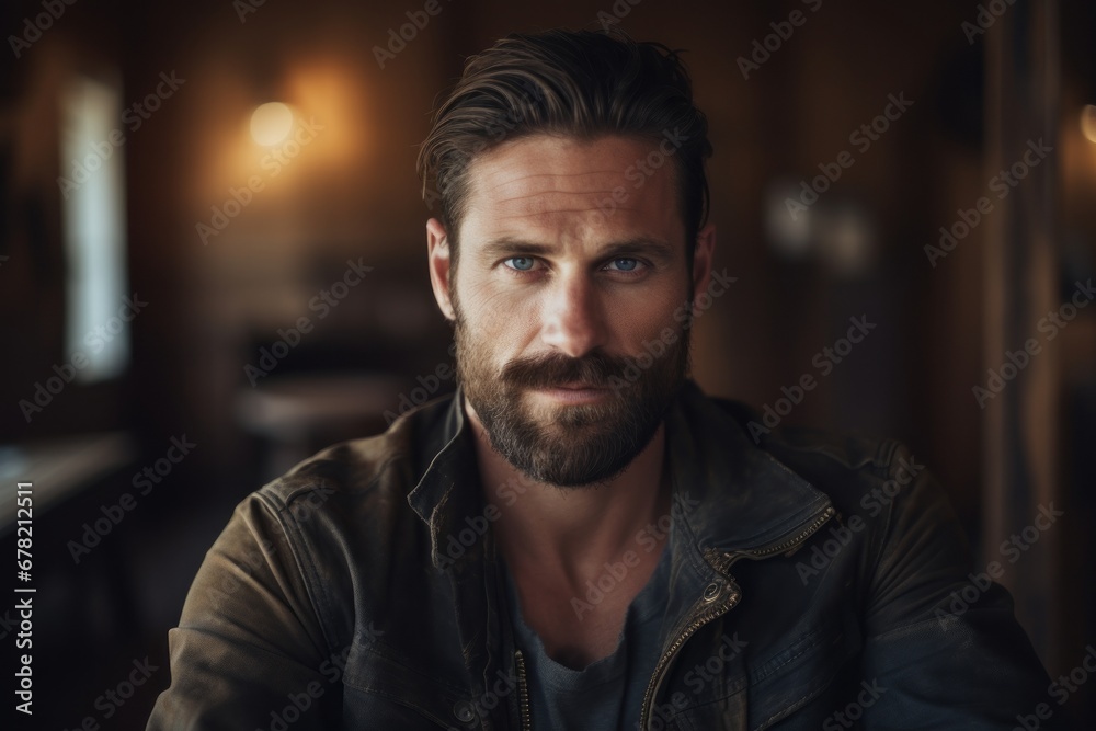 Portrait of a blissful man in his 30s wearing a rugged jean vest against a scandinavian-style interior background. AI Generation Portrait of a blissful man in his 30s wearing a rugged jean vest against a scandinavian-style interior background. AI Generation
