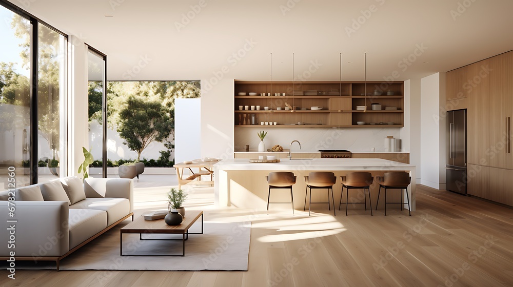 A modern minimalist home interior design with clean lines, sleek furniture, and neutral color palette, featuring an open-concept living space connected to a spacious kitchen, bathed in natural light A modern minimalist home interior design with clean lines, sleek furniture, and neutral color palette, featuring an open-concept living space connected to a spacious kitchen, bathed in natural light