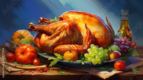 Turkey on a plate, Thanksgiving day concept. Fantasy concept , Illustration painting.