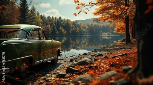 An old car parked on the shore of the lake photo