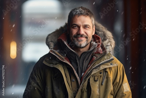 Portrait of a merry man in his 40s wearing a warm parka against a scandinavian-style interior background. AI Generation