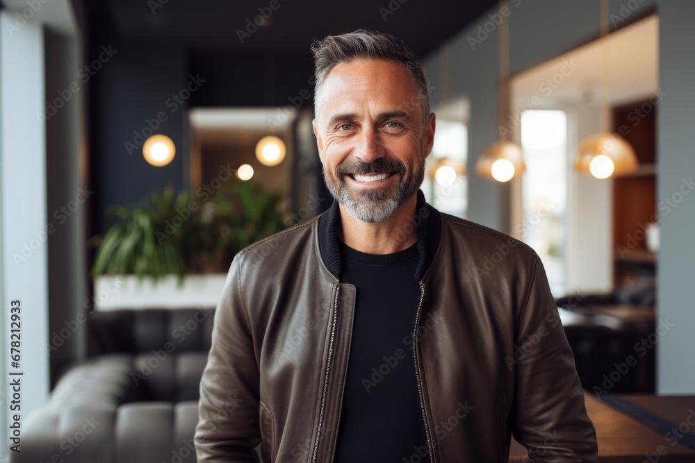 Portrait of a smiling man in his 40s wearing a trendy bomber jacket against a scandinavian-style interior background. AI Generation Portrait of a smiling man in his 40s wearing a trendy bomber jacket against a scandinavian-style interior background. AI Generation