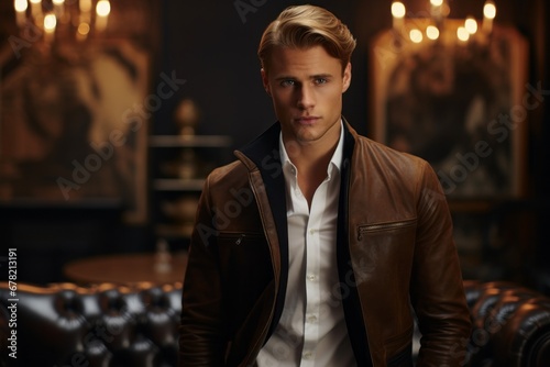 Portrait of a tender man in his 20s sporting a stylish leather blazer against a scandinavian-style interior background. AI Generation