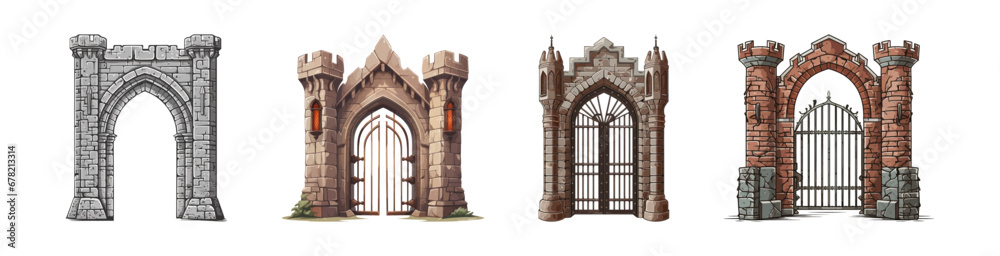 Fototapeta premium Castle wrought iron vector gate. Cartoon vector illustration