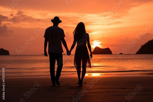 Summer young couple silhouette love sea person romance honeymoon beach together sunset