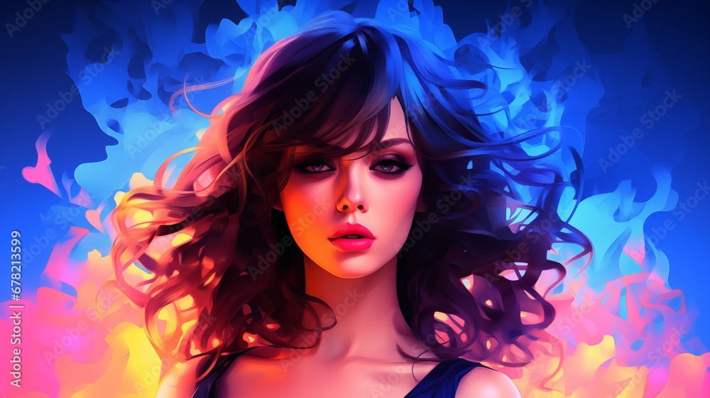 the girl with the hair in colorful flames. Fantasy concept , Illustration painting.