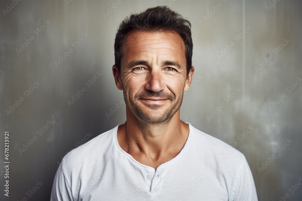 Portrait of a smiling man in his 40s wearing a simple cotton shirt against a bare concrete or plaster wall. AI Generation Portrait of a smiling man in his 40s wearing a simple cotton shirt against a bare concrete or plaster wall. AI Generation