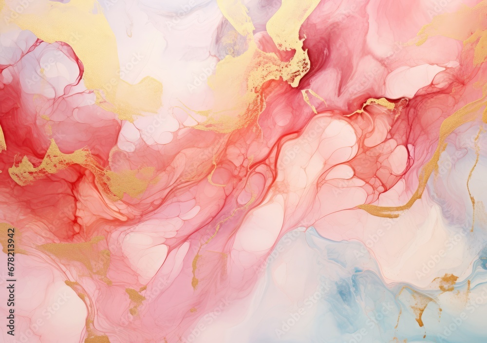 Abstract rose blush liquid watercolor background with golden lines, dots and stains. Pastel marble alcohol ink drawing effect.