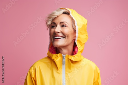 Portrait of a blissful woman in her 50s wearing a vibrant raincoat against a blank studio backdrop. AI Generation © CogniLens