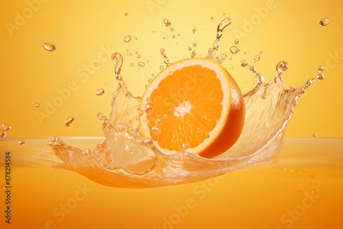 Photo of a juicy orange section releasing its citrus essence into a milky backdrop. Generative AI