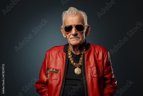 Portrait of a jovial elderly man in his 90s wearing a trendy bomber jacket against a blank studio backdrop. AI Generation