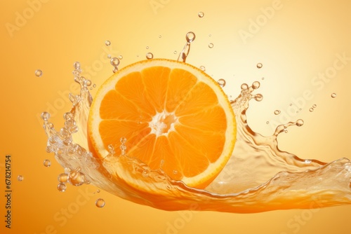 Photo of a juicy orange section releasing its citrus essence into a milky backdrop. Generative AI