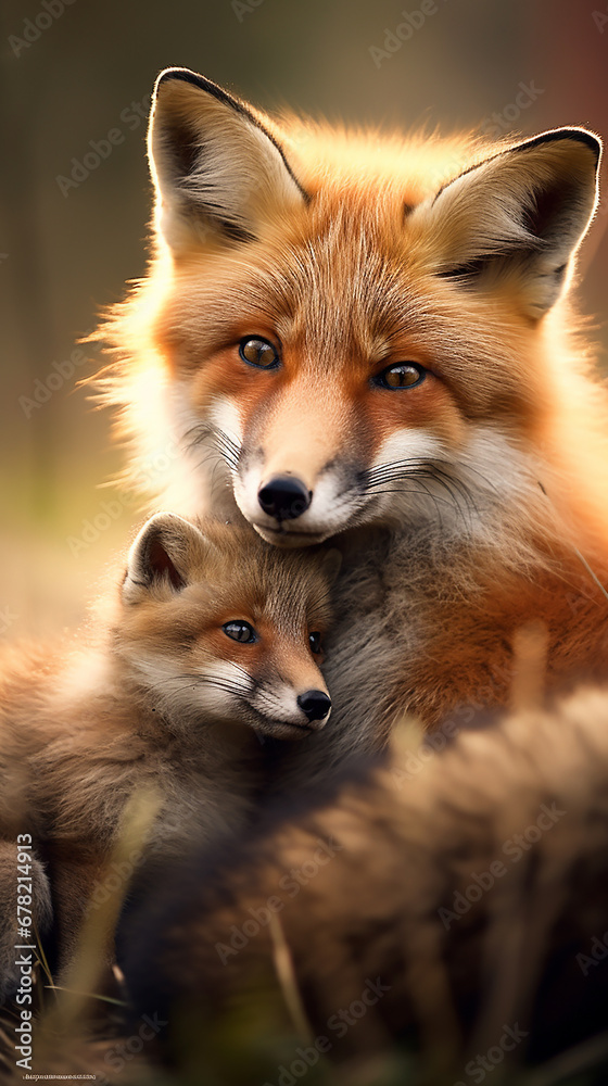Obraz premium raposa com filhote, Foto adorável Amor de Mãe