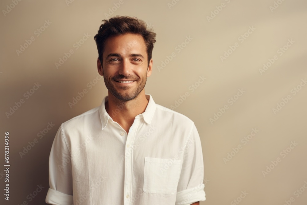 Portrait of a satisfied man in his 30s wearing a simple cotton shirt against a light wood minimalistic setup. AI Generation Portrait of a satisfied man in his 30s wearing a simple cotton shirt against a light wood minimalistic setup. AI Generation