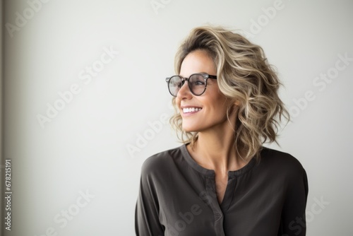 Portrait of a satisfied woman in her 40s wearing a trendy sunglasses against a light wood minimalistic setup. AI Generation