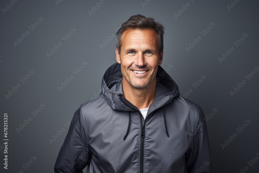 Portrait of a happy man in his 40s wearing a zip-up fleece hoodie against a light wood minimalistic setup. AI Generation Portrait of a happy man in his 40s wearing a zip-up fleece hoodie against a light wood minimalistic setup. AI Generation