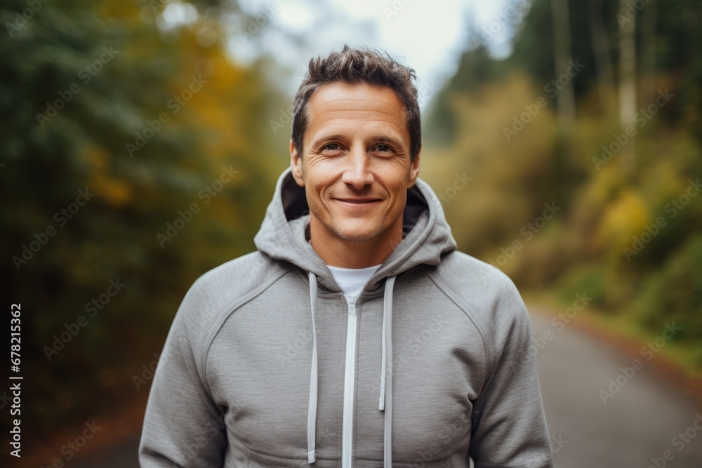 Portrait of a happy man in his 40s wearing a zip-up fleece hoodie against a light wood minimalistic setup. AI Generation Portrait of a happy man in his 40s wearing a zip-up fleece hoodie against a light wood minimalistic setup. AI Generation
