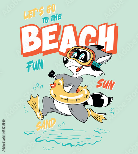 Racoon mascot cartoon  fun Beach illustration summer vector print