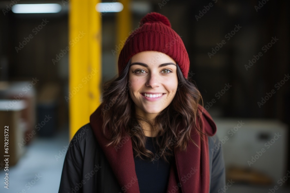 Portrait of a glad woman in her 30s donning a warm wool beanie against a empty modern loft background. AI Generation