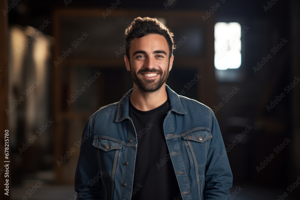 Portrait of a satisfied man in his 30s sporting a rugged denim jacket against a empty modern loft background. AI Generation