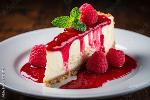 Photo of a slice of creamy cheesecake topped with raspberry coulis. Generative AI