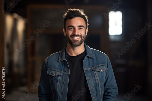 Portrait of a satisfied man in his 30s sporting a rugged denim jacket against a empty modern loft background. AI Generation