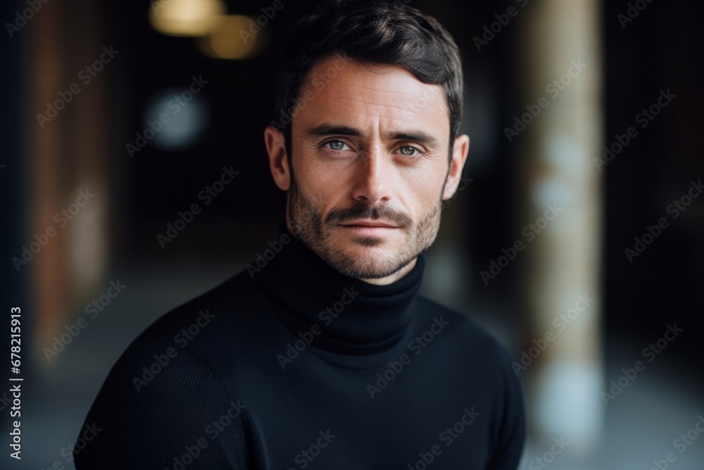 Portrait of a tender man in his 30s wearing a classic turtleneck sweater against a empty modern loft background. AI Generation Portrait of a tender man in his 30s wearing a classic turtleneck sweater against a empty modern loft background. AI Generation
