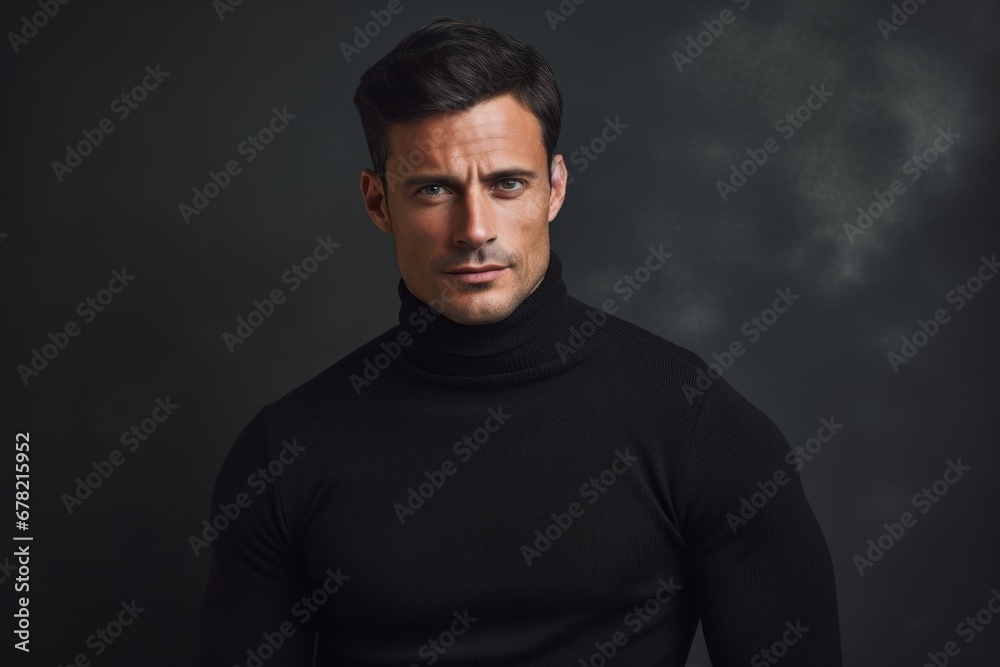 Portrait of a tender man in his 30s wearing a classic turtleneck sweater against a empty modern loft background. AI Generation