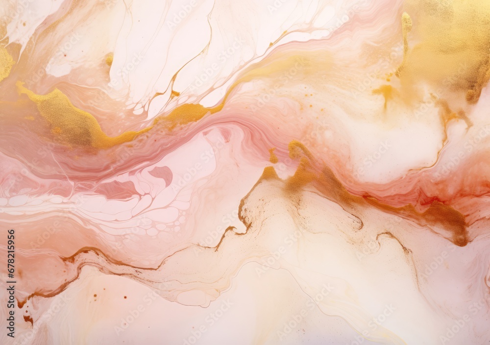 Liquid abstract marble painting background print with rose gold glitter splatter texture