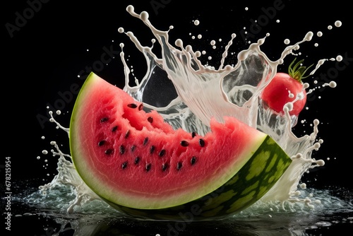 Photo of a splash of milk enveloping a succulent slice of watermelon. Generative AI