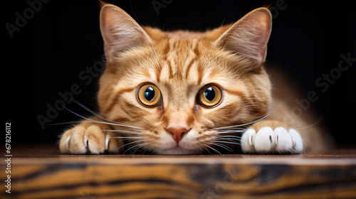A cat peeking over a wooden table © Hassan