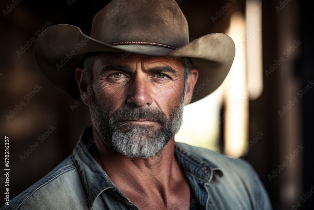 Portrait of a grinning man in his 50s wearing a rugged cowboy hat against a empty modern loft background. AI Generation Portrait of a grinning man in his 50s wearing a rugged cowboy hat against a empty modern loft background. AI Generation