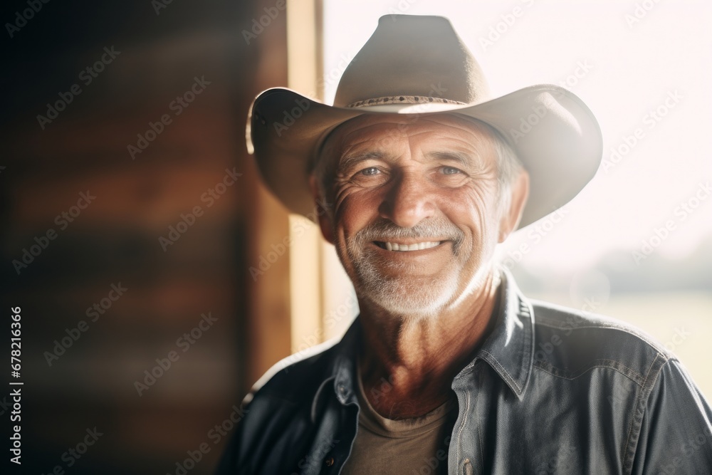 Portrait of a grinning man in his 50s wearing a rugged cowboy hat against a empty modern loft background. AI Generation