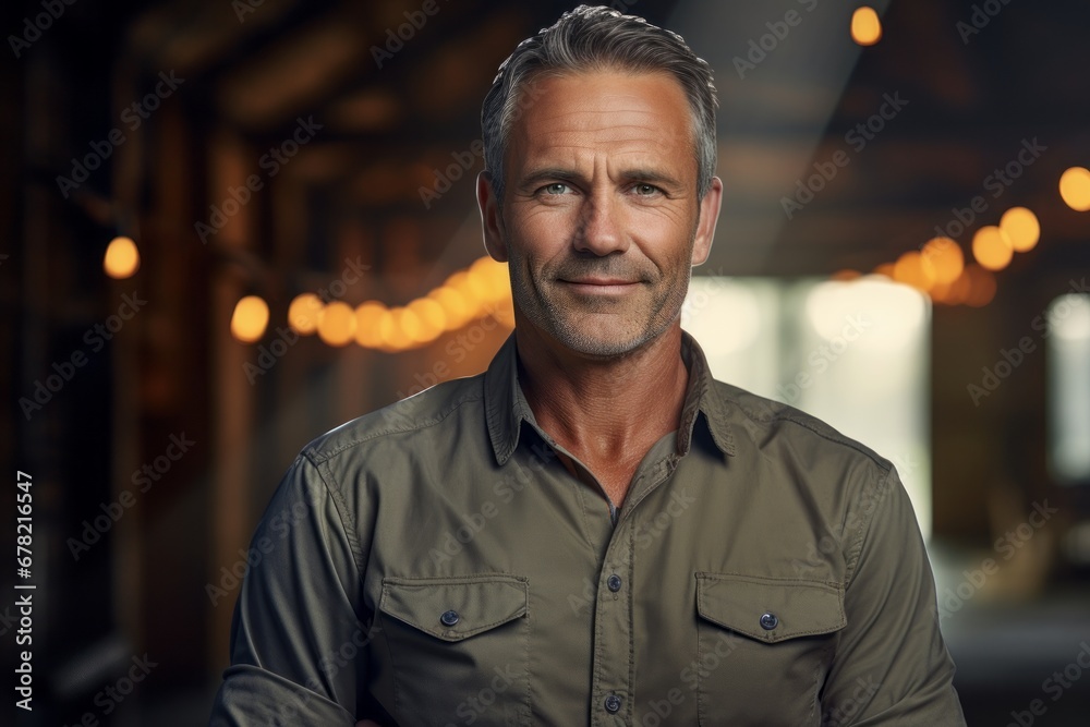 Portrait of a merry man in his 50s sporting a vented fishing shirt against a empty modern loft background. AI Generation Portrait of a merry man in his 50s sporting a vented fishing shirt against a empty modern loft background. AI Generation