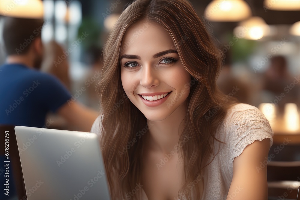 woman with laptop in cafe woman with laptop in cafe