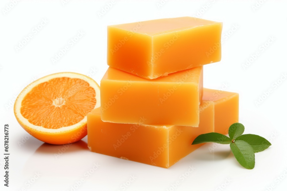 Orange soap pieces on white background