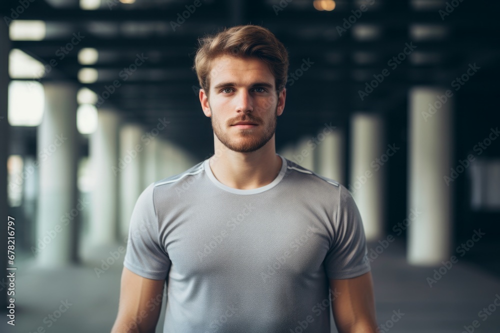 Portrait of a satisfied man in his 20s sporting a breathable mesh jersey against a empty modern loft background. AI Generation Portrait of a satisfied man in his 20s sporting a breathable mesh jersey against a empty modern loft background. AI Generation
