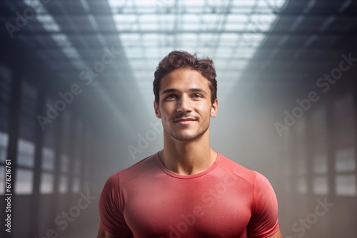 Portrait of a satisfied man in his 20s sporting a breathable mesh jersey against a empty modern loft background. AI Generation