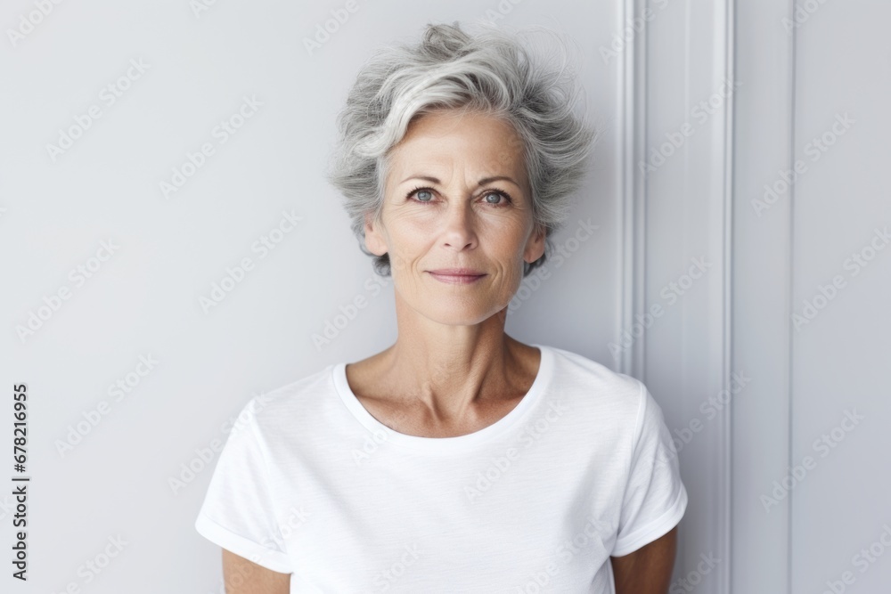 Portrait of a tender woman in her 50s dressed in a casual t-shirt against a plain white digital canvas. AI Generation Portrait of a tender woman in her 50s dressed in a casual t-shirt against a plain white digital canvas. AI Generation
