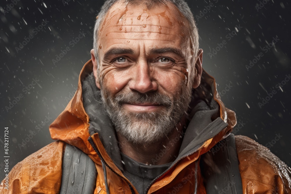 Portrait of a grinning man in his 50s dressed in a water-resistant gilet against a plain white digital canvas. AI Generation Portrait of a grinning man in his 50s dressed in a water-resistant gilet against a plain white digital canvas. AI Generation