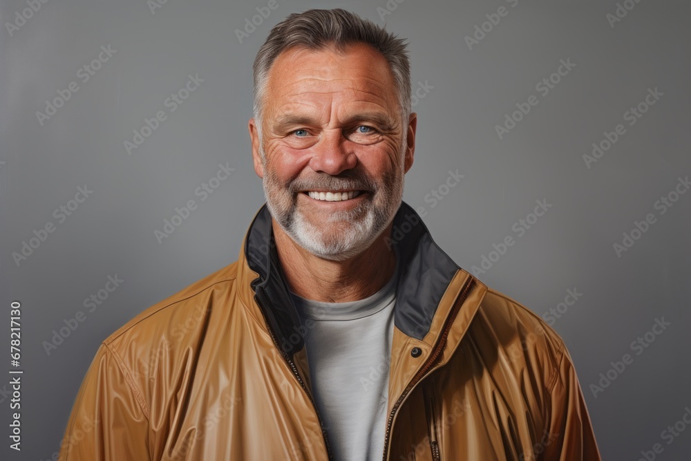 Portrait of a grinning man in his 50s dressed in a water-resistant gilet against a plain white digital canvas. AI Generation