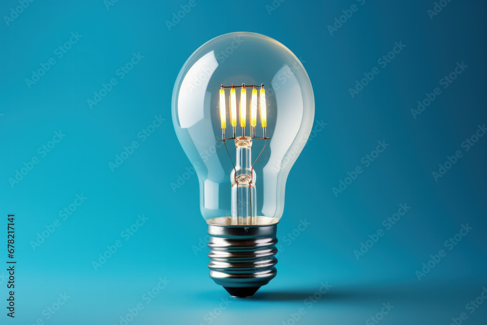 Efficient LED lightbulb glowing isolated on a gradient blue background Efficient LED lightbulb glowing isolated on a gradient blue background