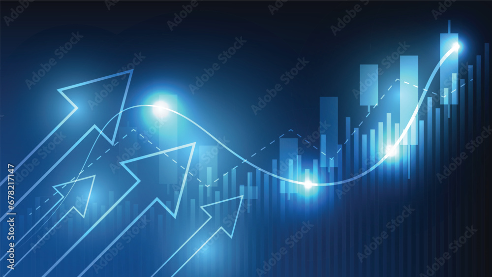finance background. uptrend arrow with candlesticks and bar chart show economy business statistics
