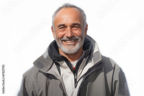 Portrait of a grinning man in his 50s dressed in a water-resistant gilet against a plain white digital canvas. AI Generation