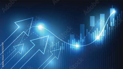finance background. uptrend arrow with candlesticks and bar chart show economy business statistics
 photo