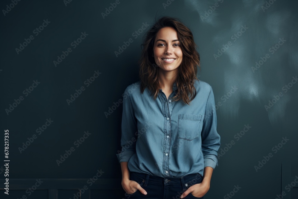 Portrait of a satisfied woman in her 30s sporting a versatile denim shirt against a bare monochromatic room. AI Generation Portrait of a satisfied woman in her 30s sporting a versatile denim shirt against a bare monochromatic room. AI Generation