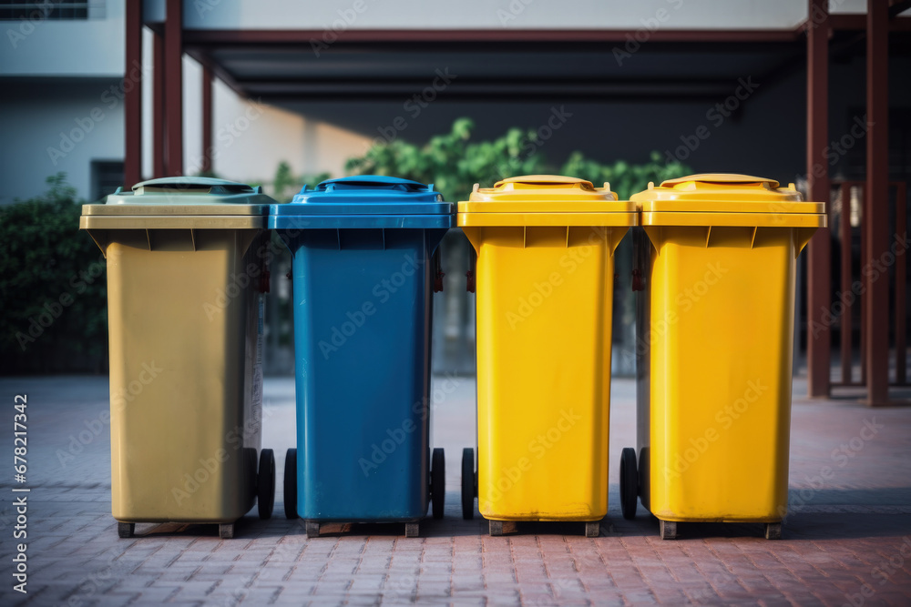 City recycling bins lineup background with empty space for text City recycling bins lineup background with empty space for text