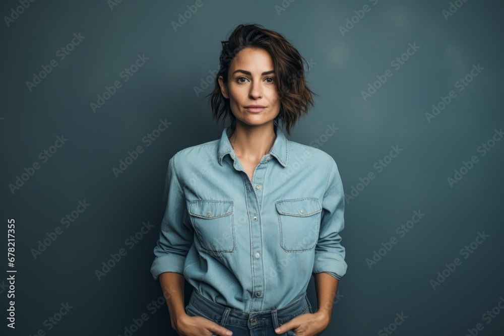 Portrait of a satisfied woman in her 30s sporting a versatile denim shirt against a bare monochromatic room. AI Generation Portrait of a satisfied woman in her 30s sporting a versatile denim shirt against a bare monochromatic room. AI Generation