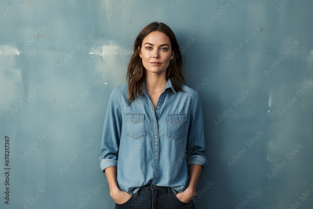 Portrait of a satisfied woman in her 30s sporting a versatile denim shirt against a bare monochromatic room. AI Generation Portrait of a satisfied woman in her 30s sporting a versatile denim shirt against a bare monochromatic room. AI Generation