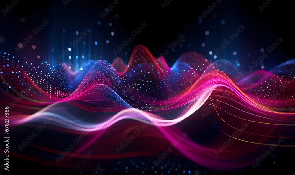 Futuristic abstract background with glowing waves. 3d audio soundwave visualization of sound. Colorful music pulse oscillation as impulse pattern. Signal waveform digital beats volume. Generative AI - obrazy, fototapety, plakaty 